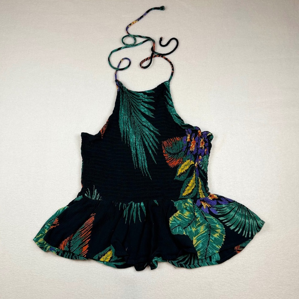 Patrons of Peace Tropical Floral Smocked Halter Peplum Top Black Green Medium